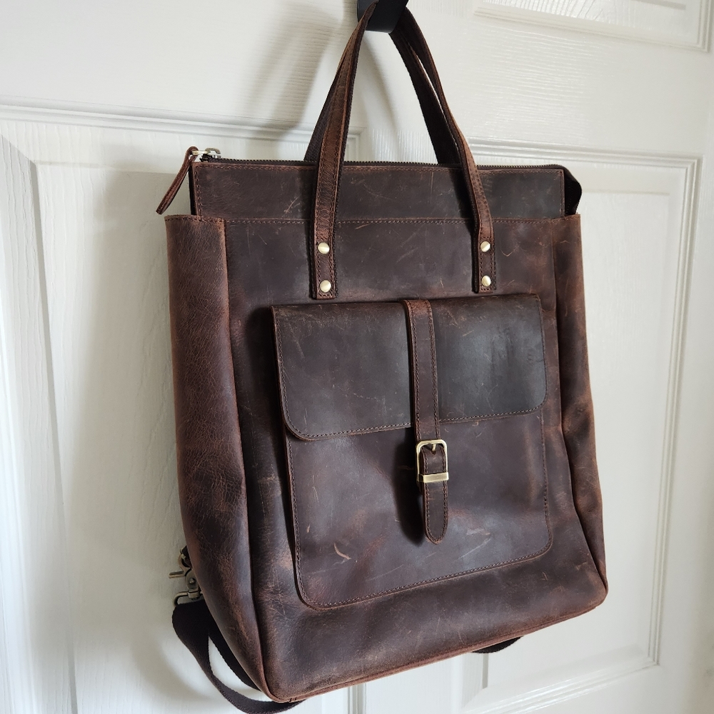 Leather Backpack Tote in Distressed Brown - Picture 8 of 16